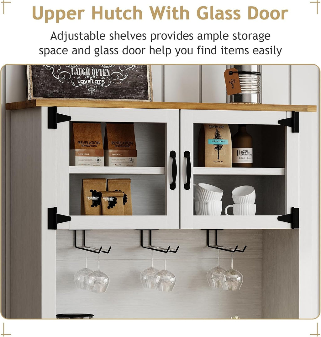 4ever2buy 72' Farmhouse Coffee Bar Cabinet with Sliding Barn Door, White Coffee Bar with Storage, Large Kitchen Buffet Cabinet with Wine Rack, Tall Bar Cabinet Table Living Dining Room