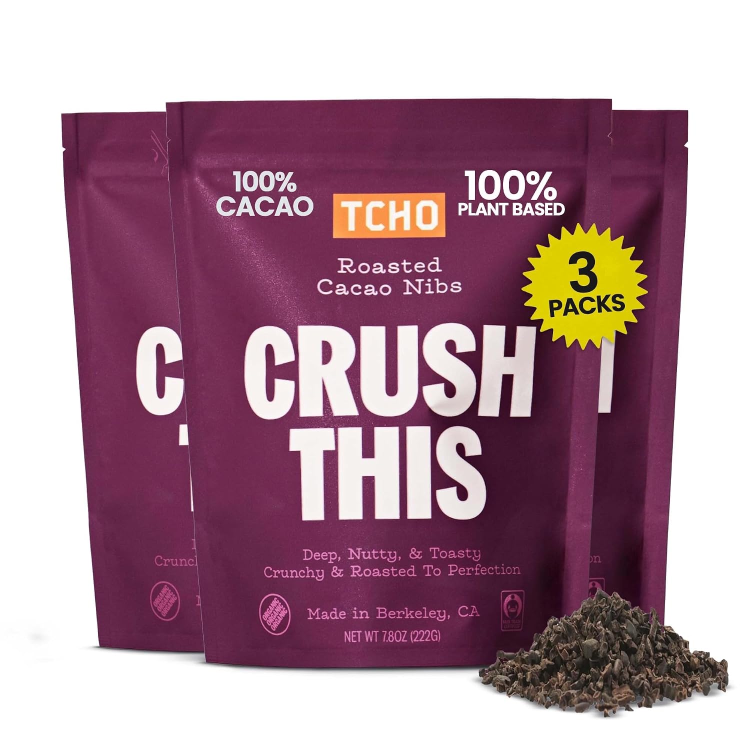 TCHO Crush This - Unsweetened Roasted Cacao Nibs (3 Pack) - Roasted, 100% Plant Based, Vegan Friendly, Non-GMO, Single-Origin, Non-Dairy, Fair Trade Certified, Zero Sugar, USDA Organic Cacao Nibs - 7.8oz each, 3 Pack
