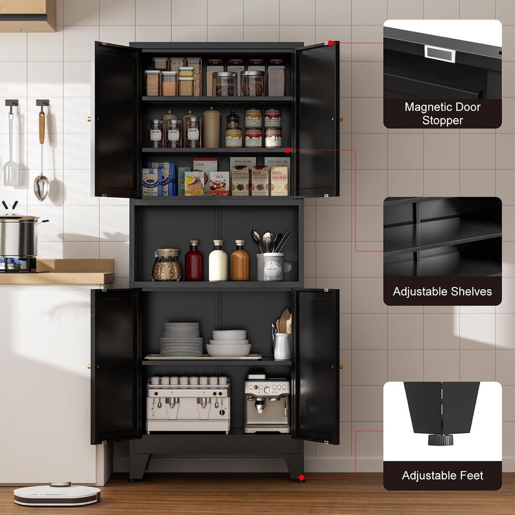 Metal Kitchen Pantry Cabinet, 69' Tall Black Storage Cabinet with 4 Doors and 3 Adjustable Shelves, Freestanding Cupboards with Microwave Stand for Dining Room, Living Room, Bathroom