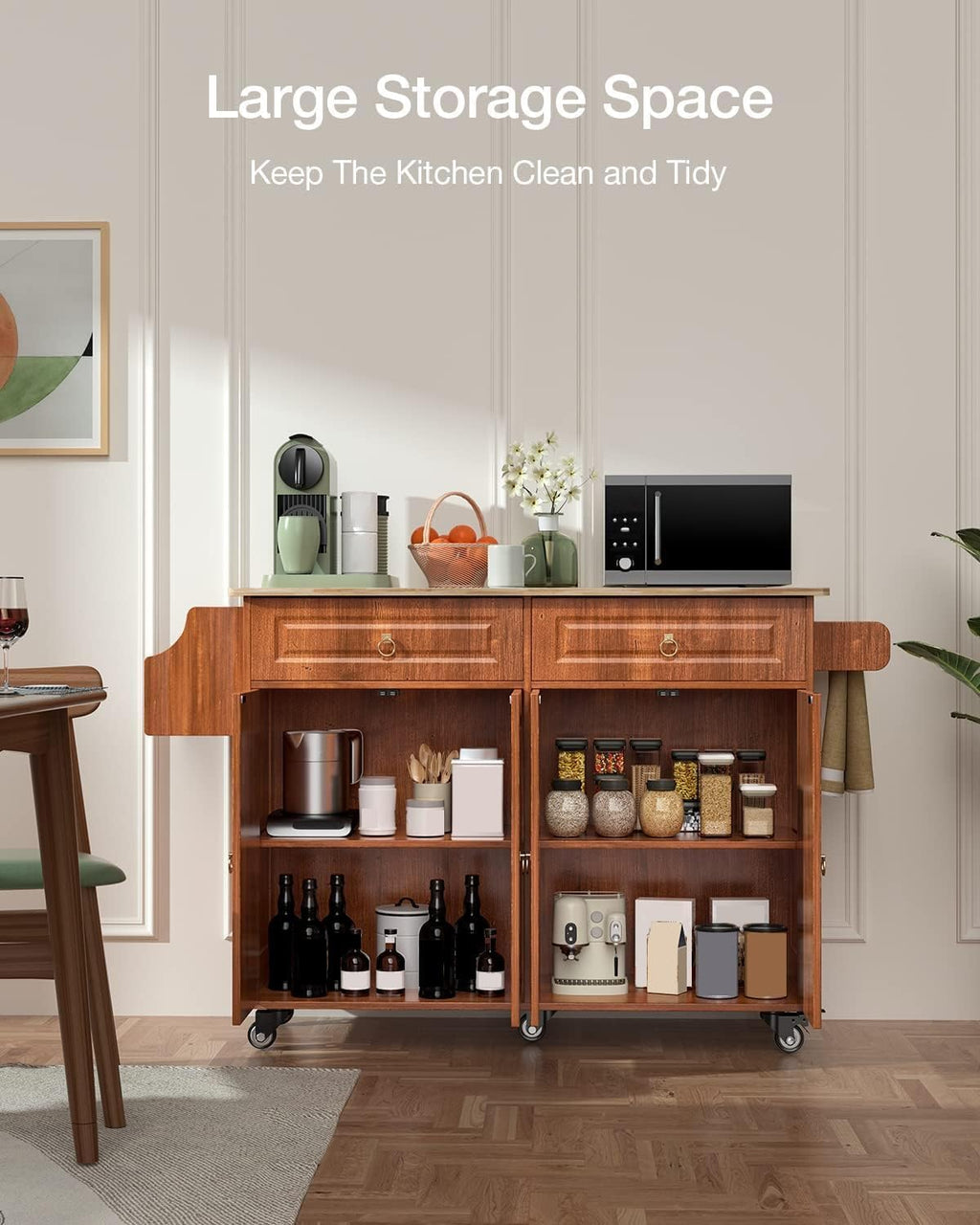 Qsun Kitchen Island with Drop Leaf and Storage, on Wheels Two Drawers, Large Storage Cabinet, Towel Rack Spice Cart Brown