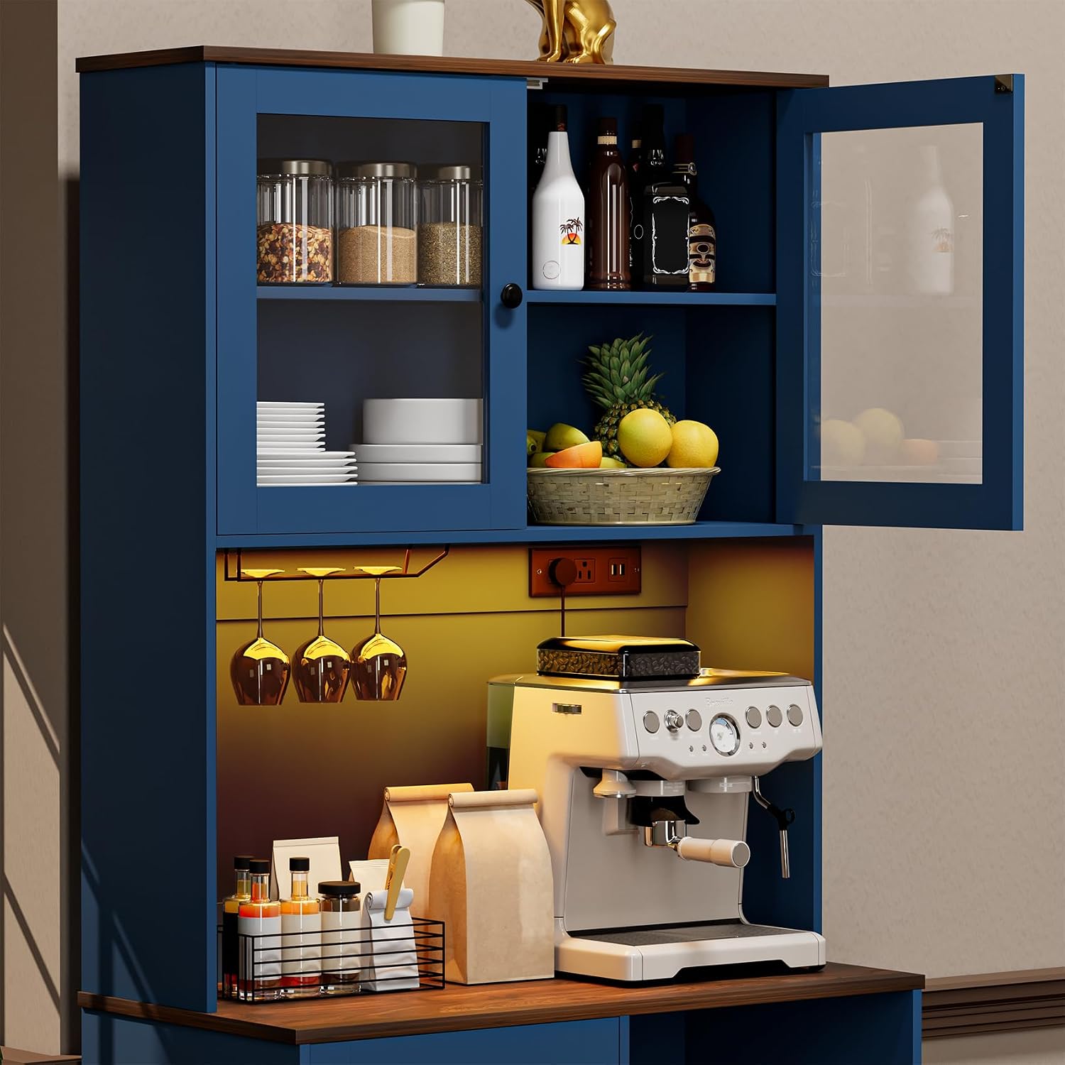 71''Kitchen Pantry Storage Cabinet with LED Lights and Power Outlet, Tall Farmhouse Kitchen Hutch with Microwave Stand,Globet Hooks and Adjustable Shelf for Dining Living Room,Blue
