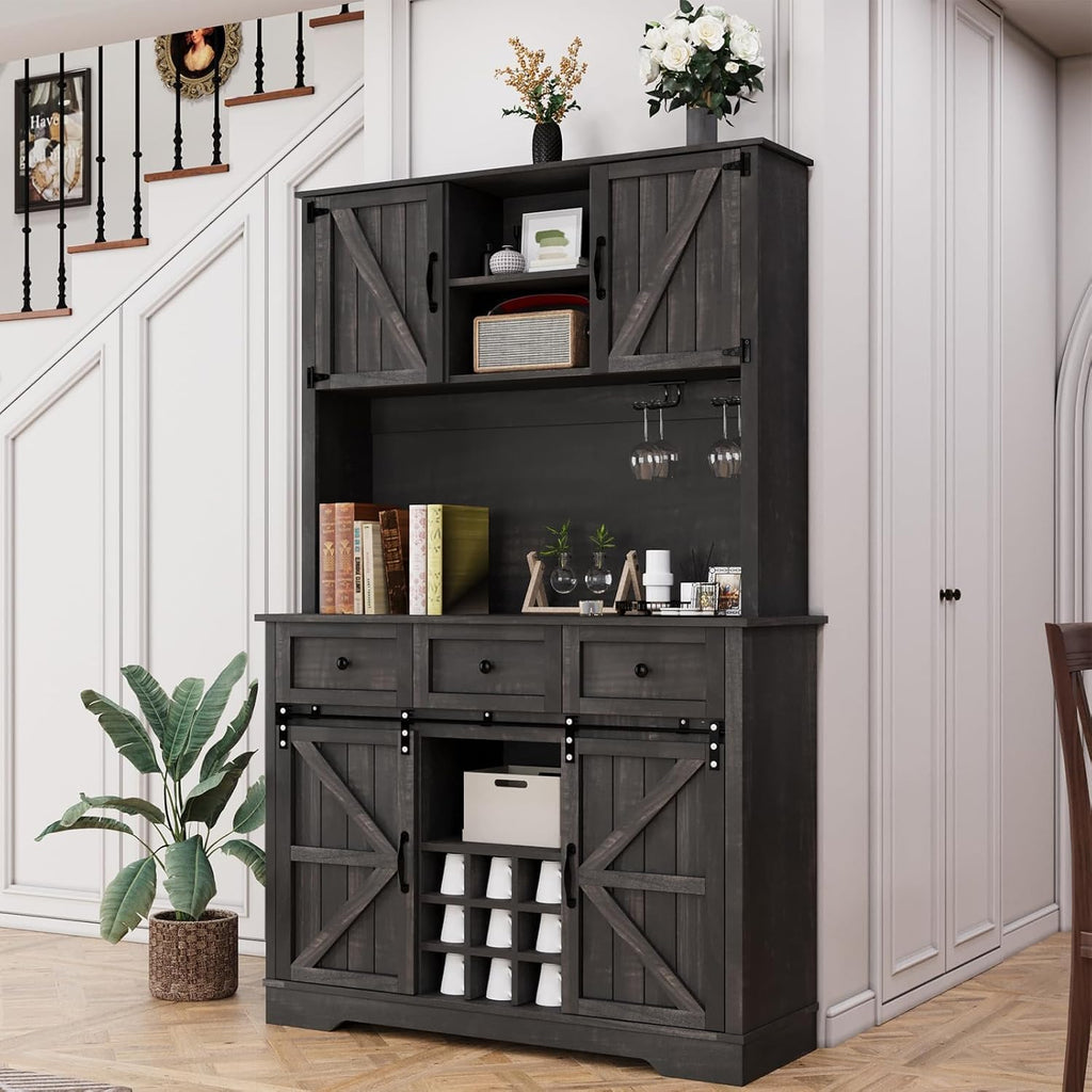 Farmhouse Coffee Bar Cabinet with Wine Rack, 72 'Tall Kitchen Storage Cabinet with 3 Drawers, 9-Bottle Wine Holder, 6 Hooks, Sliding Barn Doors and Adjustable Shelves, for Dining Room, Rustic Oak