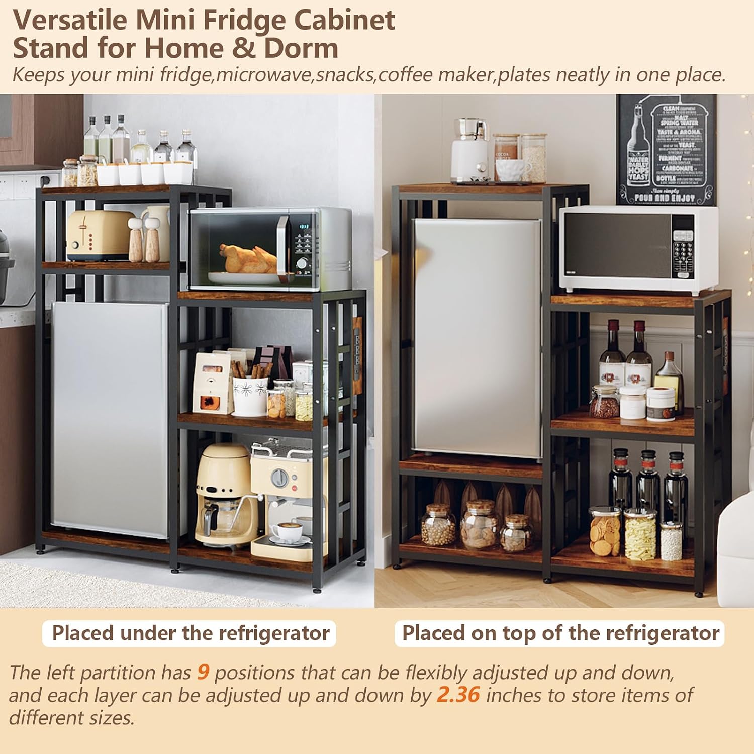 48.8in Adjustable Mini Fridge Shelf with Power Outlet, 360LBS Sturdy Mini Fridge Stand and Microwave Stand, 6-Tier Mini Fridge Storage Suitable for Kitchen Living Room Office Dorm, Brown