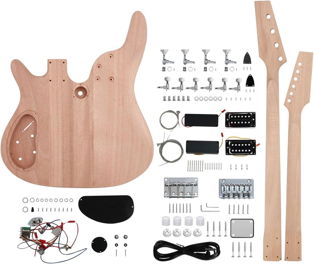 Double Neck DIY Electric Guitar and Bass Kit 6 String and 4 String Guitar Kit Right Handed with Mahogany Body Mahogany Neck Rosewood Fretboard Chrome Hardware Build Your Own Bass and Guitar.