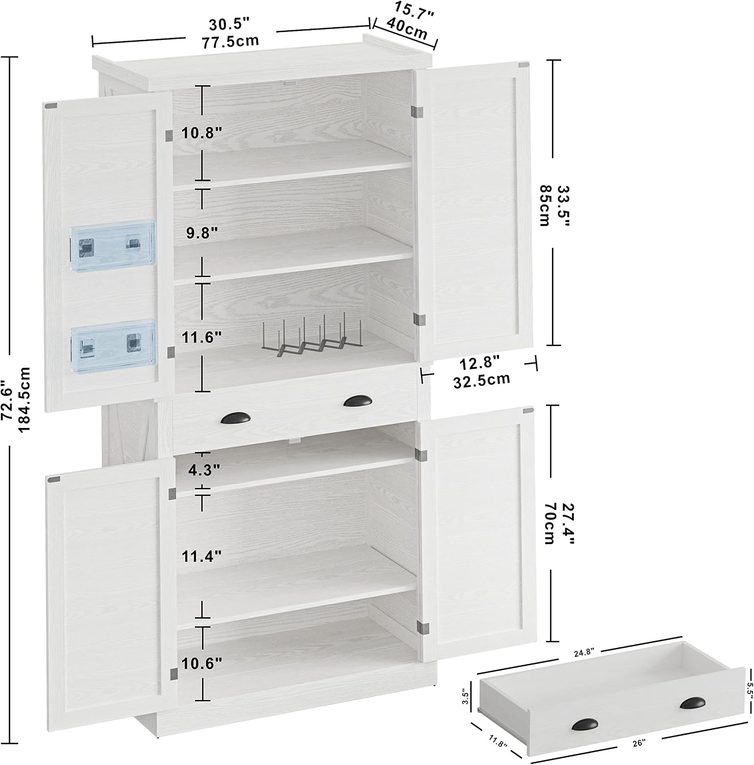 IRONCK Kitchen Pantry Storage Cabinet 72.6' H, with Barn Doors, Drawer, 4 Adjustable Shelves, Freestanding Cupboard, Laundry, White