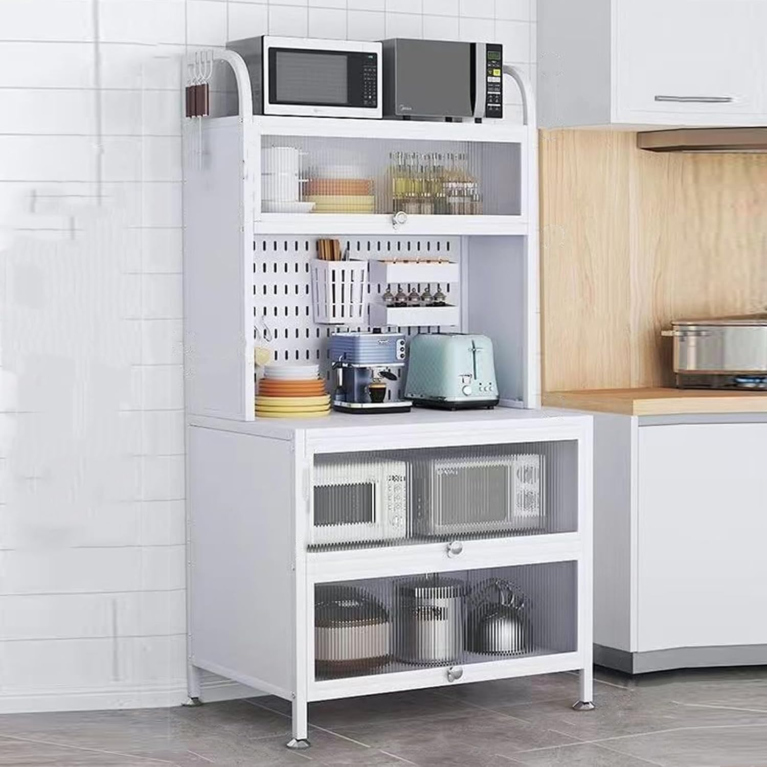 Kitchen Storage Cabinet - Bakers Rack Countertop, Microwave Oven Shelf Cabinet, Coffee Bar Station Organizer with Flip Doors for Kitchen Hutch, Home, Office, Pantry, Garage (Color : 5-Tier, Size : L