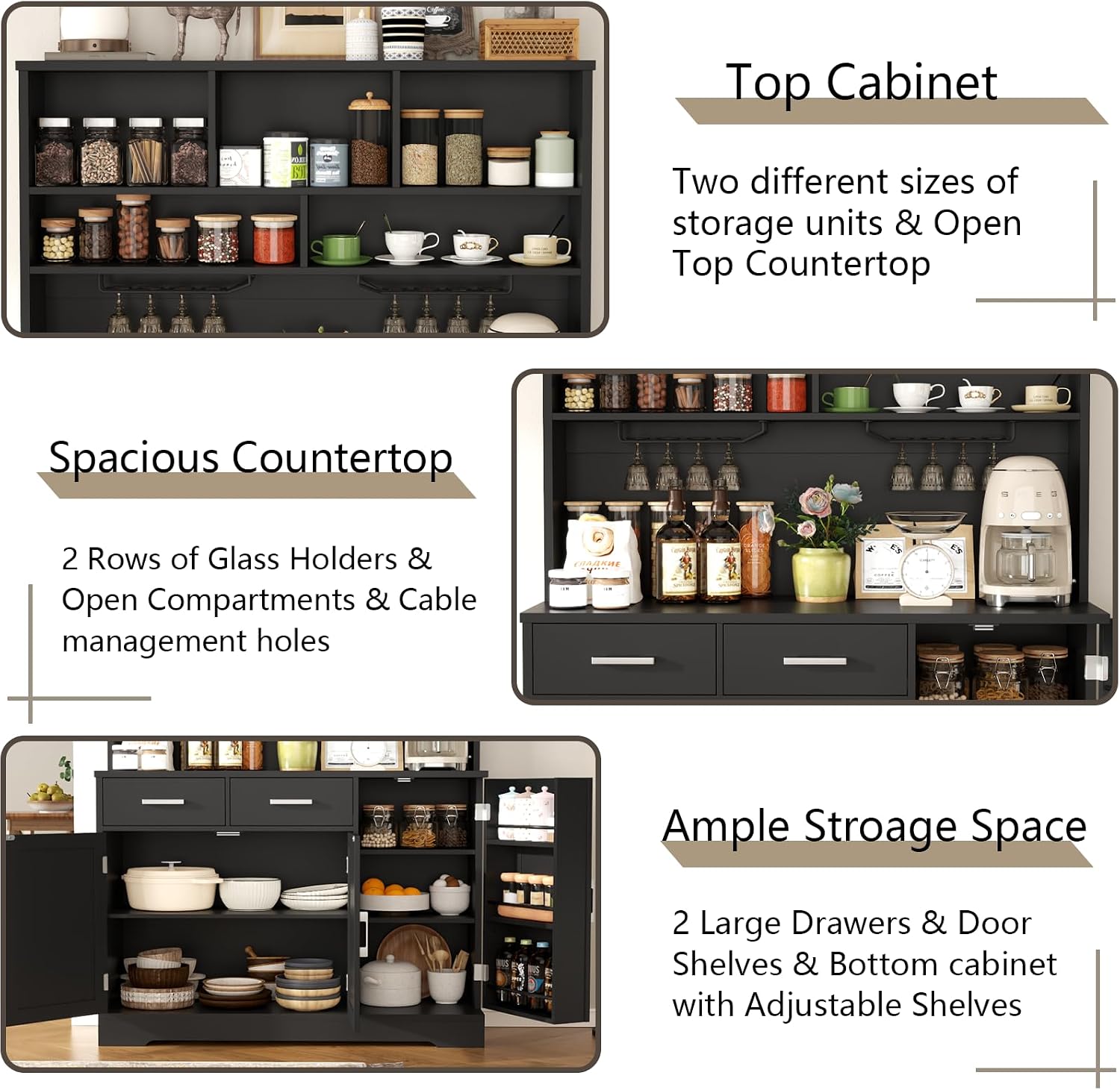 Tall Pantry Cabinet, Modern Kitchen Hutch with Microwave Stand, Kitchen Pantry Storage Cabinet with 2 Darwers & Door Shelf, Food Pantry with Goblet Holders & Adjustable Shelves for Dining Room, Black
