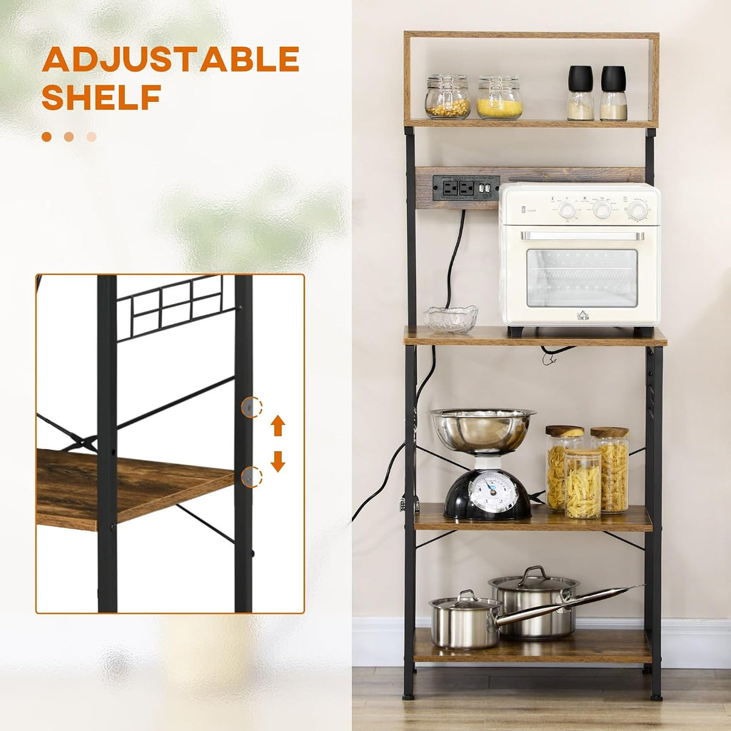 Kitchen Bakers Rack with Power Outlet, USB Charger, Microwave Stand, with Adjustable Shelves, 5 Hooks for Spices, Pots and Pans, Rustic Brown,for use in Restaurants