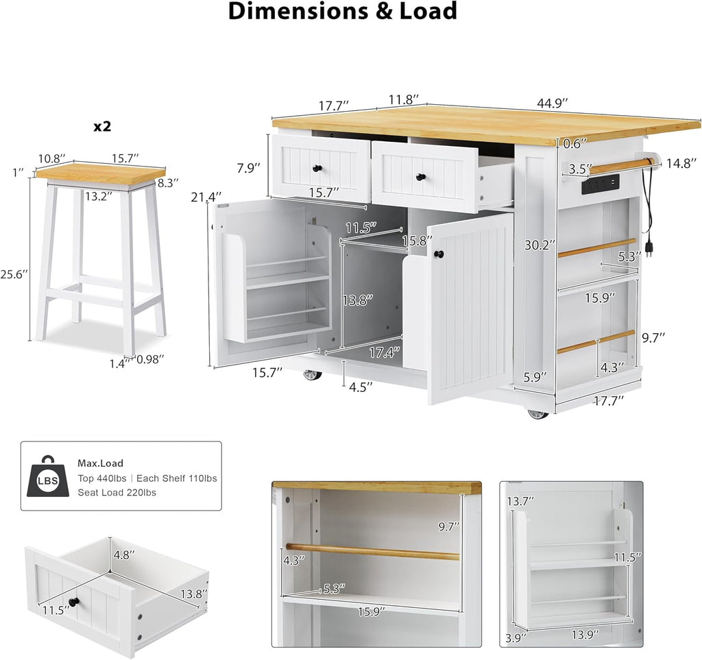 48 inch Rolling Kitchen Island Storage Cart on 5 Wheels with Drop Leaf, 2 Bar Stools, Power Outlet, Door Internal Storage Rack, 5 Open Side Racks, 2 Drawers for Dining Room, Home Bar White