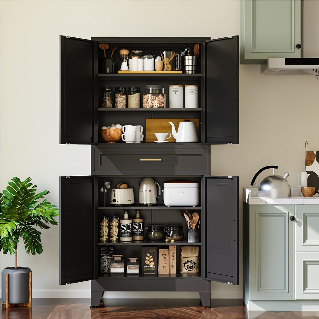Metal Storage Cabinet, 71' Tall Kitchen Pantry Cabinets, Steel File Cabinet with 4 Doors & Adjustable Shelves and Drawer for Kitchen, Dining Room, Living Room, Bathroom