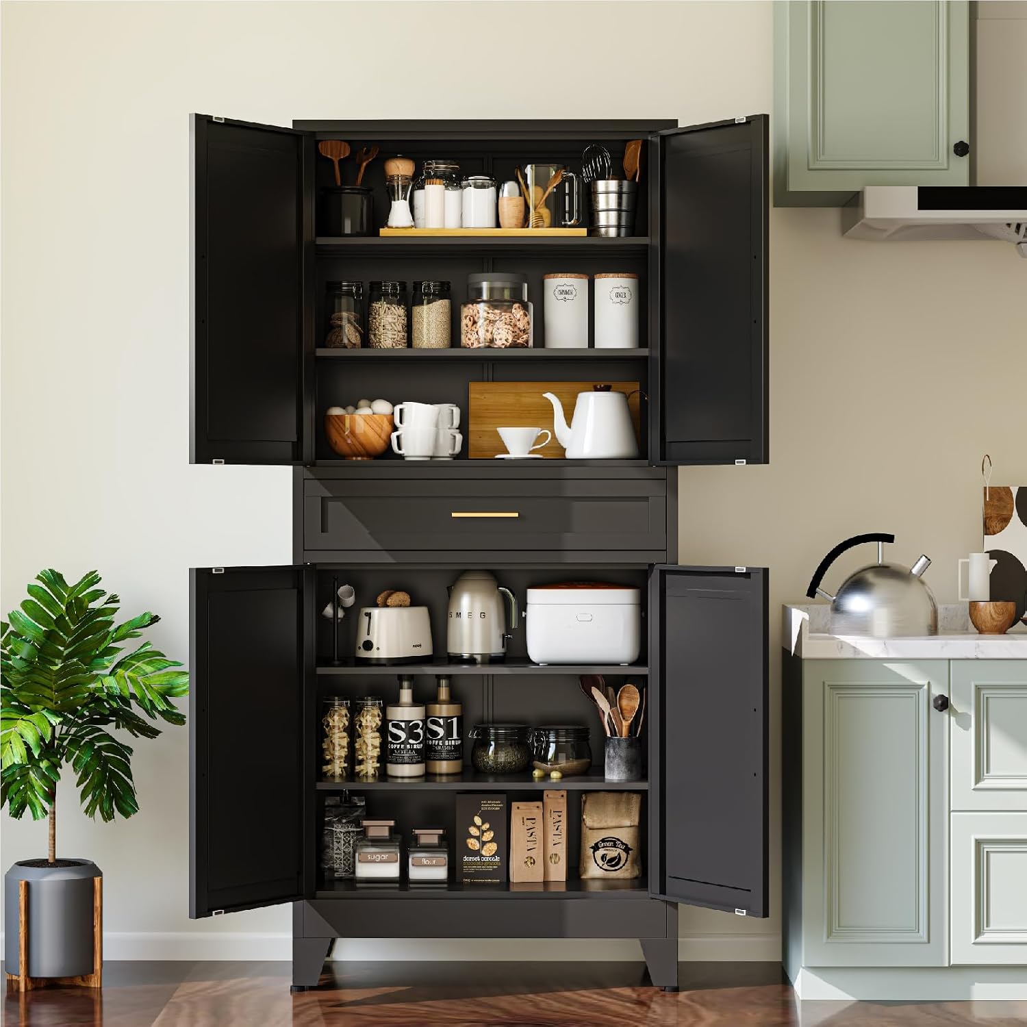 Metal Storage Cabinet, 71' Tall Kitchen Pantry Cabinets, Steel File Cabinet with 4 Doors & Adjustable Shelves and Drawer for Kitchen, Dining Room, Living Room, Bathroom