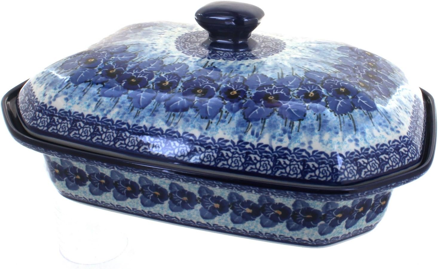 Blue Rose Polish Pottery - Blue Joanna Large Covered Baker - 6 Cup Capacity - Unique, Dishwasher Safe, & Durable Bakeware