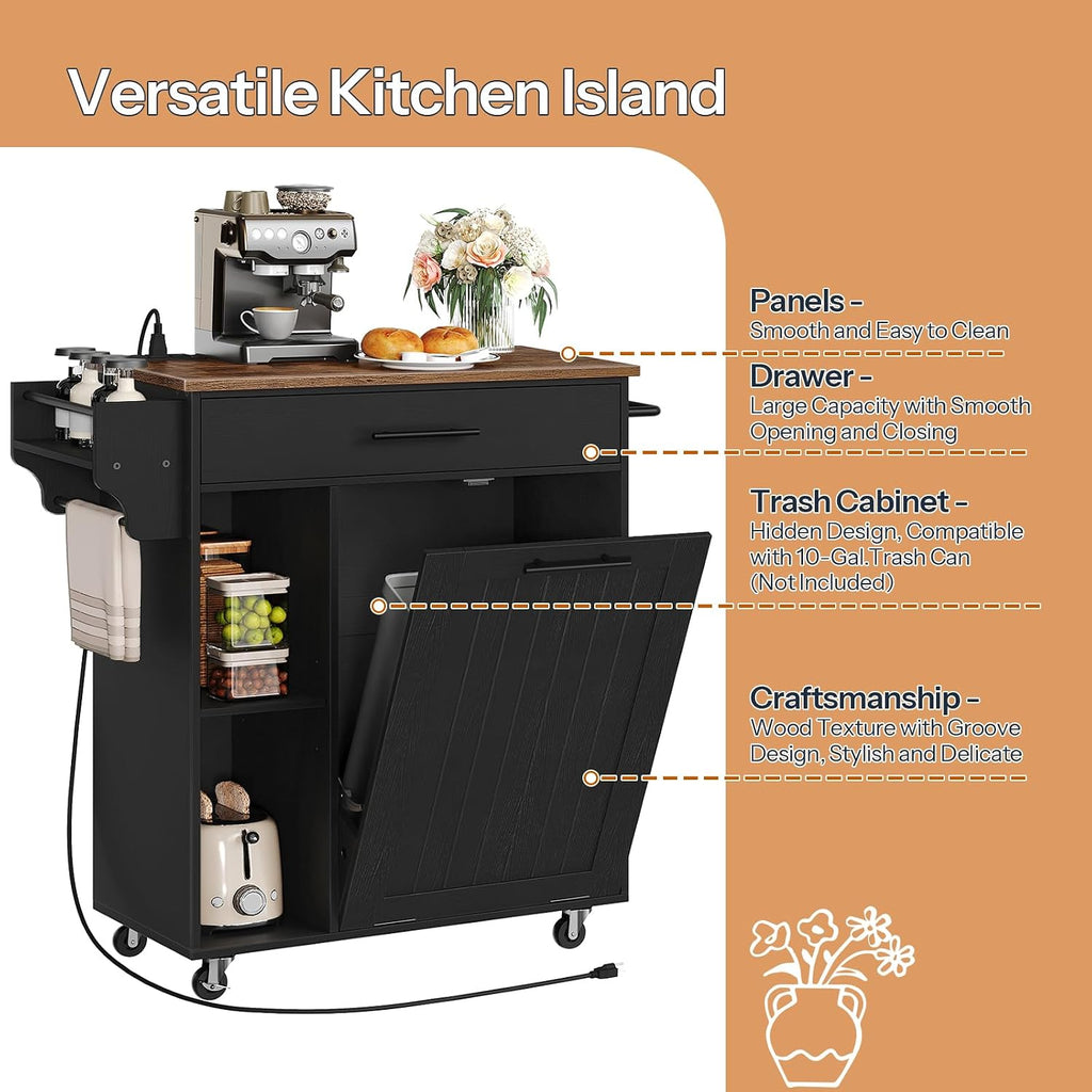 HOOBRO Kitchen Island with Trash Can Storage, Rolling Kitchen Island on Wheels, Mobile Island Cart with Power Outlet, Islands Table for 10 Gallon Garbage Bin, Rustic Brown and Black BF80UZD01G1