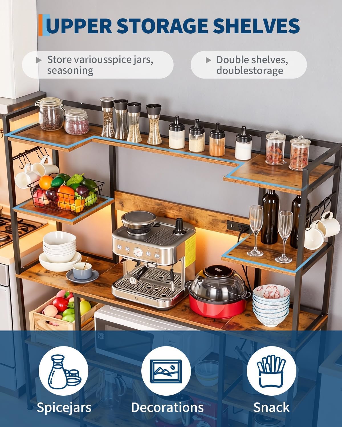 TrailBlaze Rustic Brown Kitchen Bakers Rack with Power Outlet – 4-Tier Microwave Oven Stand & Storage Shelf – Coffee Bar Table with 6 S Hooks for Spices & Pots – Multifunctional
