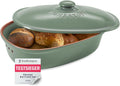 Romertopf Maxi Oval Bread Pot 6.5 Litres – Green Ceramic Bread Bin – Breathable Clay Pot for Long-Lasting Freshness of Bread and Rolls