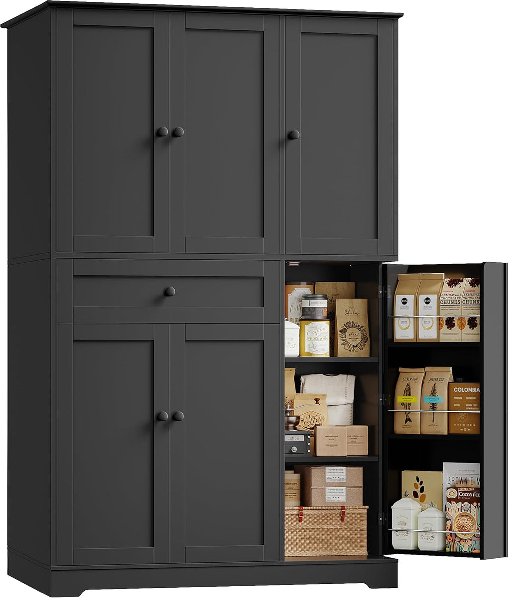 HOSTACK 68' Tall Kitchen Pantry Storage Cabinet, Modern Kitchen Hutch Cabinet with Doors and Shelves, Freestanding Food Pantry with Large Storage Drawer for Dining Room, Living Room, Black