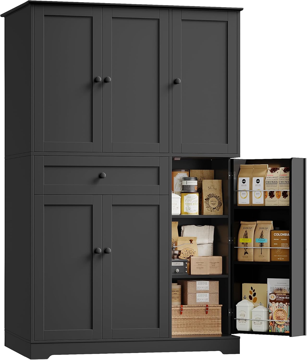 HOSTACK 68' Tall Kitchen Pantry Storage Cabinet, Modern Kitchen Hutch Cabinet with Doors and Shelves, Freestanding Food Pantry with Large Storage Drawer for Dining Room, Living Room, Black