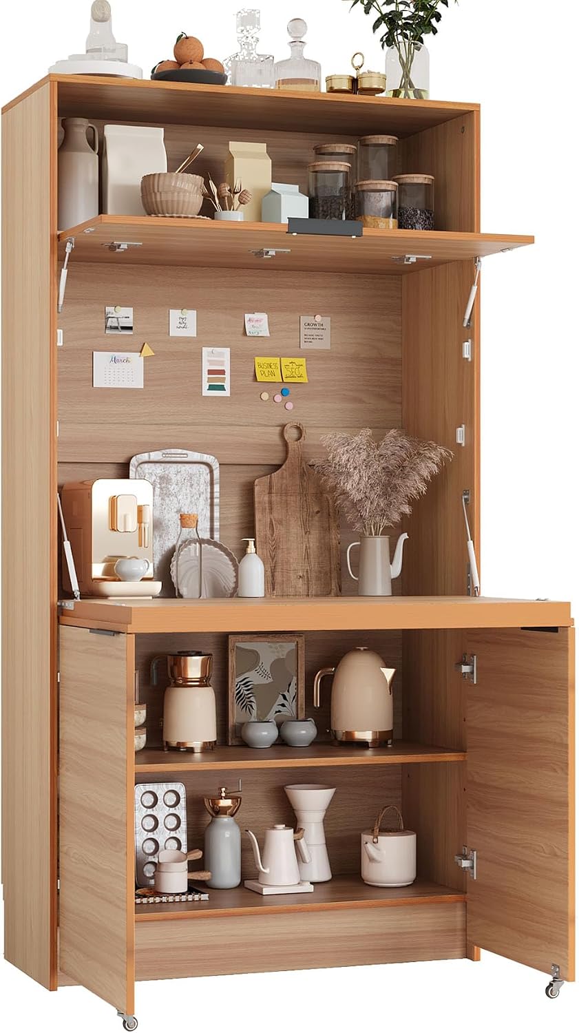 Farmhouse Pantry Cabinet with Foldable Workstation, 69' Tall Buffet with Hutch and Storage, Multifunctional Kitchen Cabinet with Adjustable Shelf and Power Outlet for Dining Room (Natural)