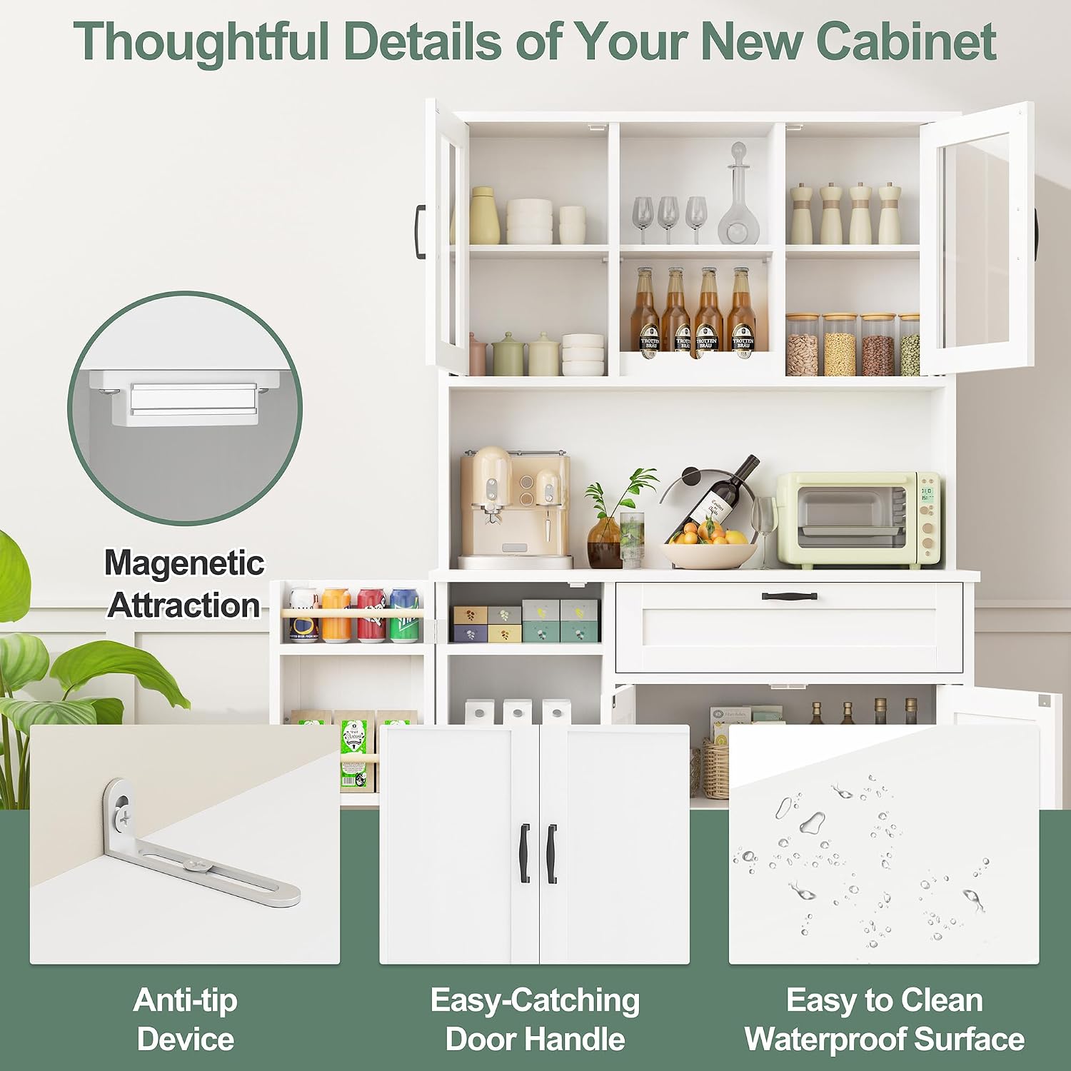 Shintenchi Kitchen Pantry Storage Cabinet, Freestanding Buffet Cabinet with Microwave Stand & 3 Door Shelves, Kitchen Hutch with Doors, Adjustable Shelves and Wine Rack, White