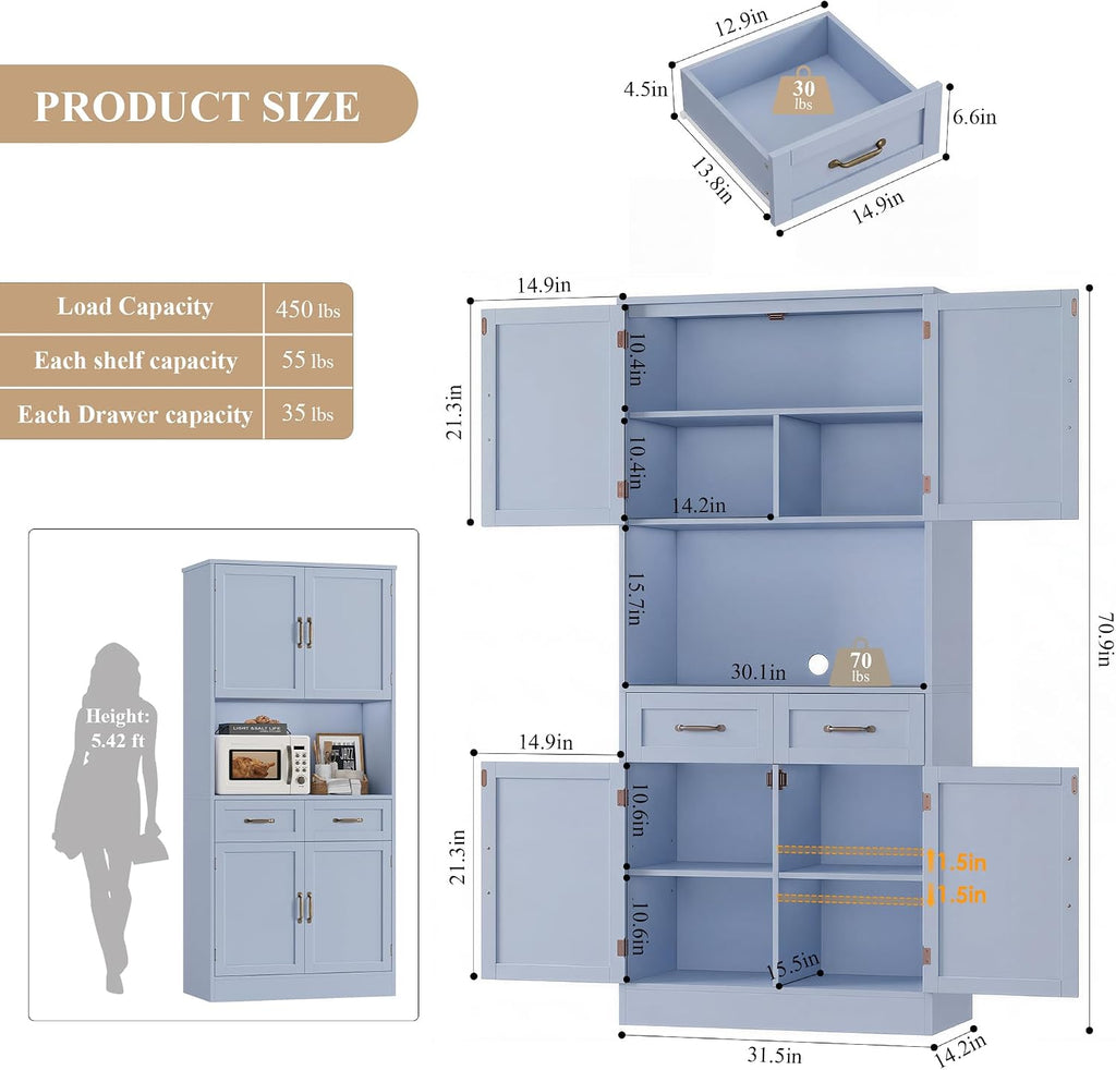 HOSTACK 71' Tall Kitchen Pantry Storage Cabinet, Modern Kitchen Hutch Bar Cabinet with Microwave Stand, Wood Buffet Sideboard with Hutch, Cupboard with Drawers, Shelves for Dining Room, Light Blue