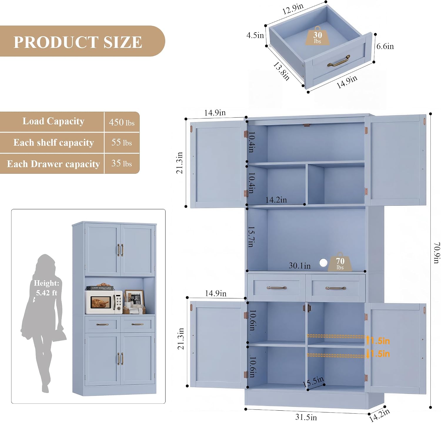 HOSTACK 71' Tall Kitchen Pantry Storage Cabinet, Modern Kitchen Hutch Bar Cabinet with Microwave Stand, Wood Buffet Sideboard with Hutch, Cupboard with Drawers, Shelves for Dining Room, Light Blue