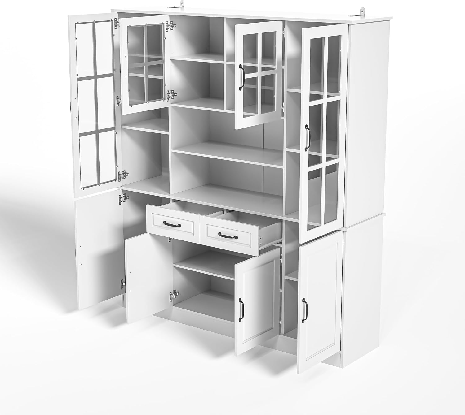 MU Kitchen Storage Cabinet with Glass Doors, Large China Hutch with 2 Drawers & 5 Adjustable Shelves, Kitchen Pantry Hutch for Home Office, Living Room, White (15.8' D x 63' W x 70.9H)