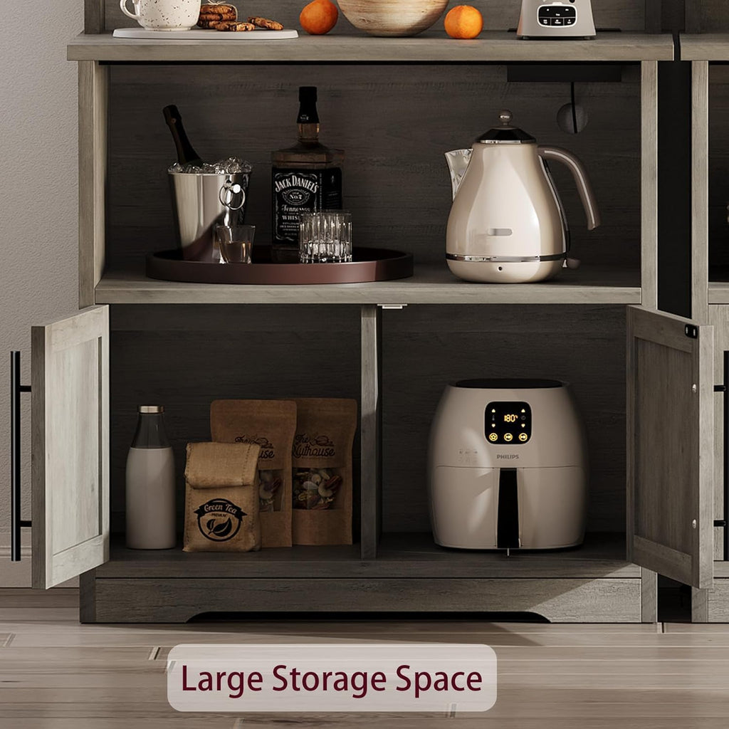 TrailBlaze Microwave Stand with Storage Cabinet, Bakers Rack with Power Outlet and Shelves, Farmhouse Floor Hutch Door Thickened Counter, Storage Shelf Coffee Bar for Kitchen, Dining Room, Grey