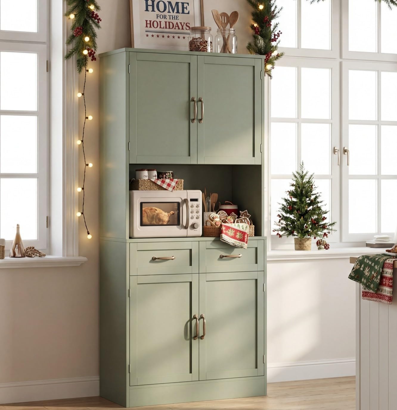 HOSTACK 71' Tall Kitchen Pantry Storage Cabinet, Modern Kitchen Hutch Bar Cabinet with Microwave Stand, Wood Buffet Sideboard with Hutch, Cupboard with Drawers, Shelves for Dining Room, Green