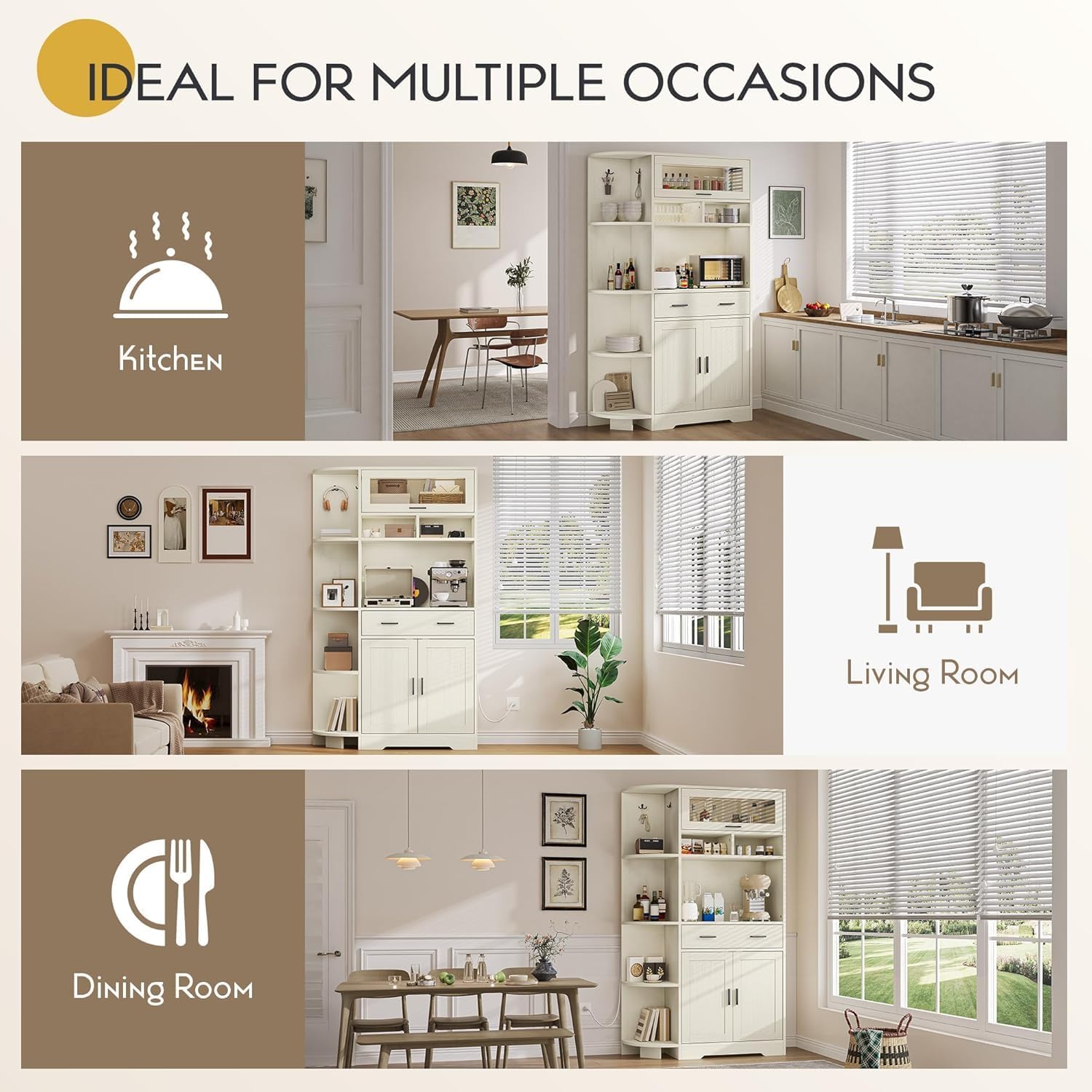 YITAHOME Kitchen Pantry Storage Cabinet, 67' Tall Kitchen Hutch with Outlet & Door & Shelves & Drawer, Farmhouse Wooden Microwave Stand Buffet Coffee Bar for Home Living Dining Room, Off-White