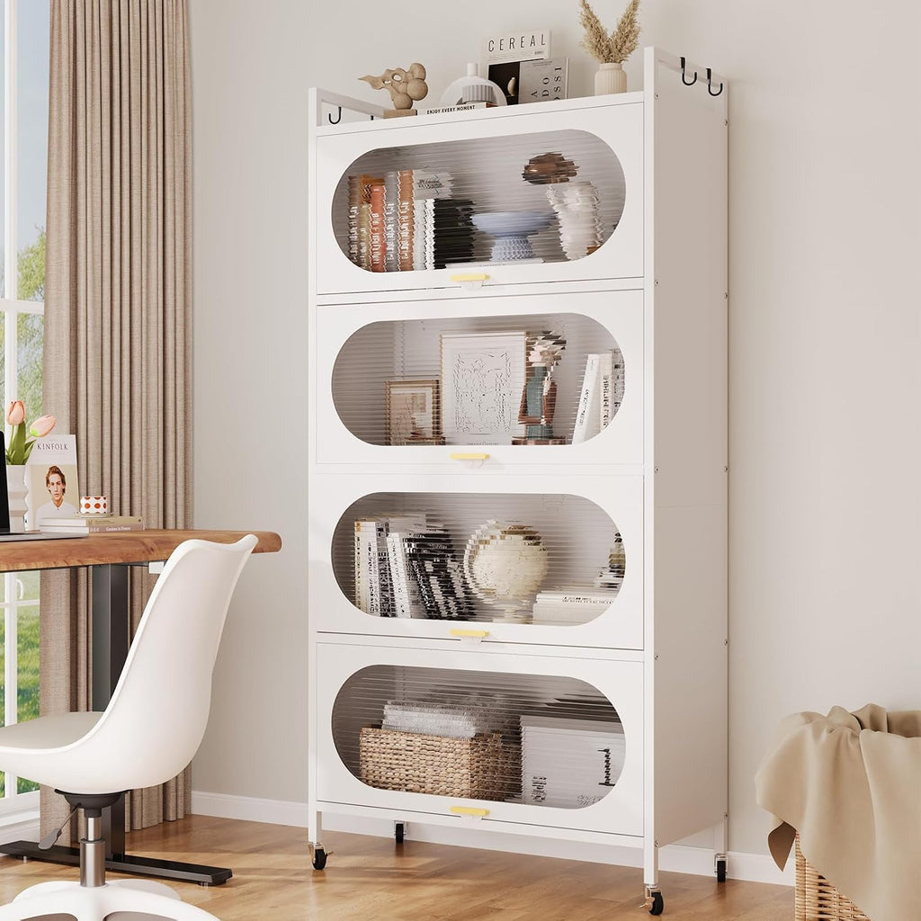 Kitchen Pantry Storage Cabinet,5 Tier Rolling Microwave Stand, Bakers Rack,Metal Pantry Cabinet with 4 Flip-up Doors for Kitchen,Living Room,Study (White)