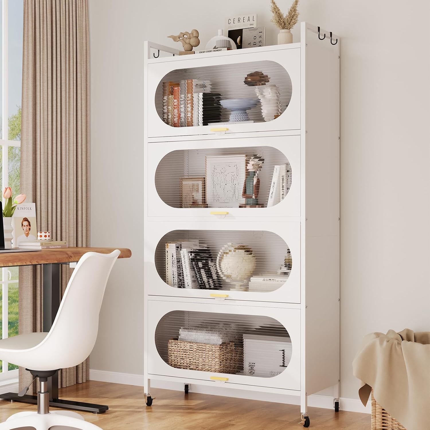 Kitchen Pantry Storage Cabinet,5 Tier Rolling Microwave Stand, Bakers Rack,Metal Pantry Cabinet with 4 Flip-up Doors for Kitchen,Living Room,Study (White)
