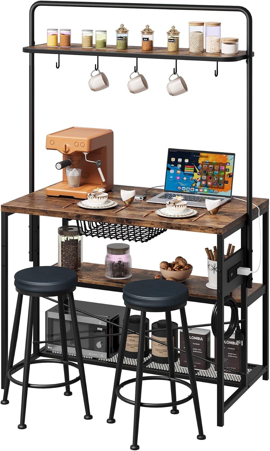 GAOMON 42' Kitchen Island Table Baker Rack with Power Outlet & 2 Bar Stools, Kitchen Storage Shelf with 3-Tier Storage & 5 Hooks, Microwave Stand Coffee Bar Table for Dining Living Room (Vintage)