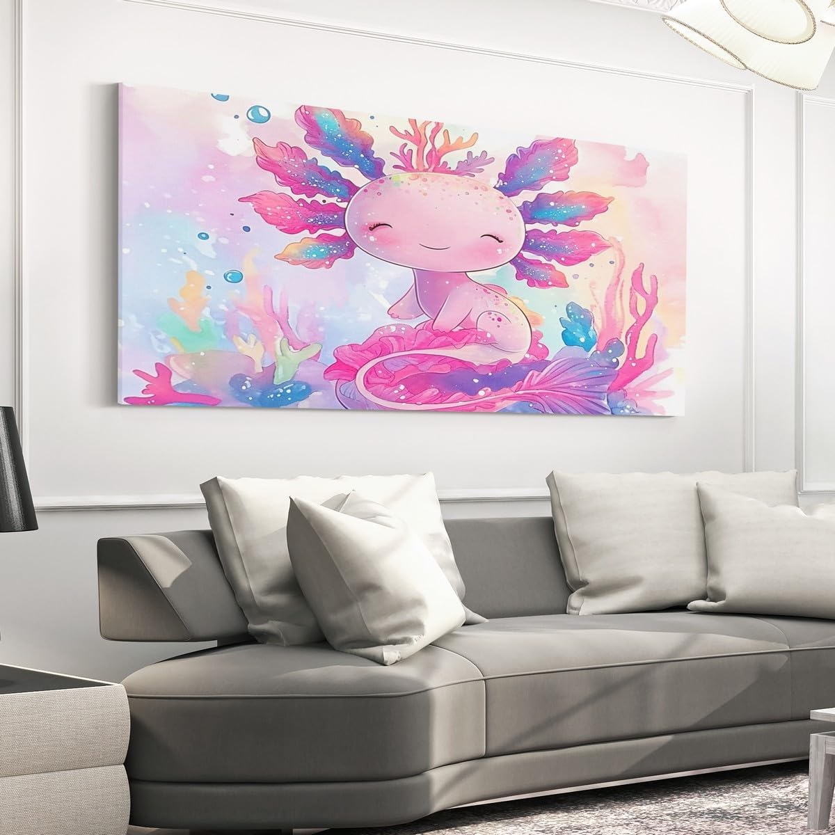 Erosebridal Large Cute Axolotl Canvas Wall Art for Living Room Boys Girls Kawaii Salamander Cartoon Wall Painting Poster Print,Kids Ocean Sealife Mermaid Coral Watercolor Artwork Posters 58'x29'