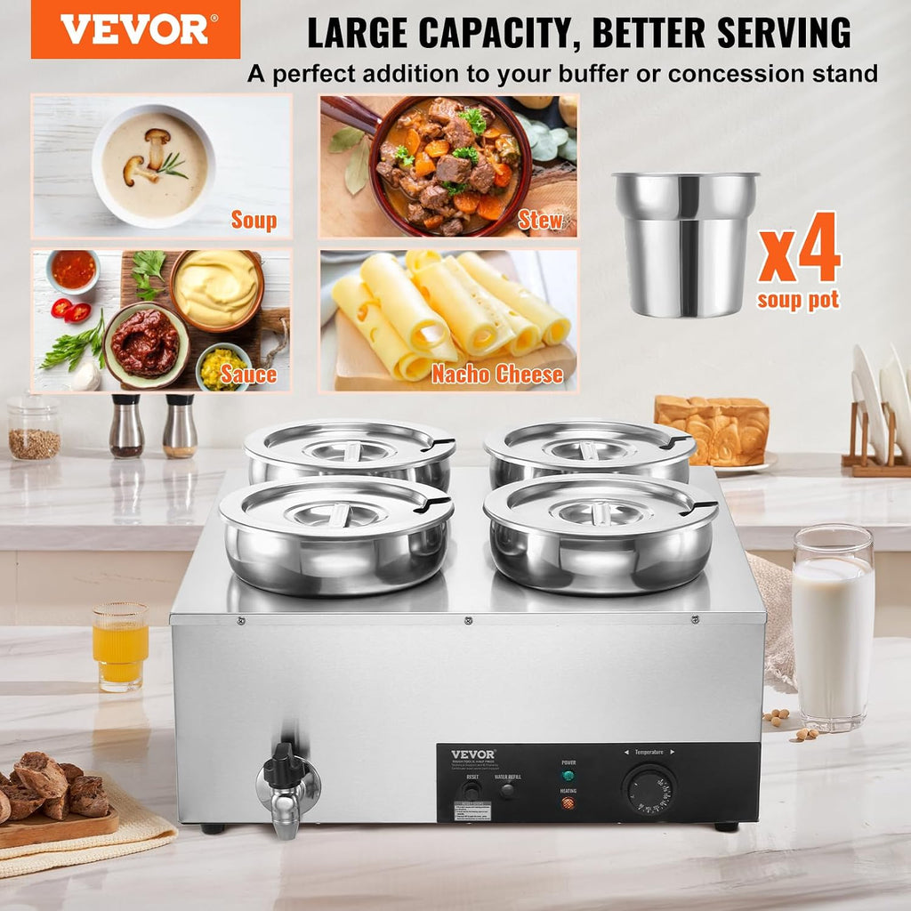 ETL Listed VEVOR Electric Soup Warmer, Four 7.4QT Stainless Steel Round Pot 86~185°F Adjustable Temp, 1500W Commercial Bain Marie with Anti-Dry Burn, Soup Station for Restaurant, Buffet, Silver