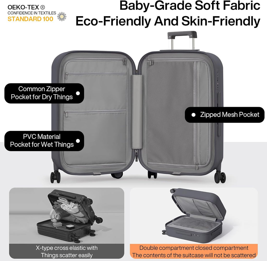mixi Checked Luggage with Cup Phone Holder Hard Shell Rolling Travel Suitcase with Spinner Wheels,26 Inch Rock Grey
