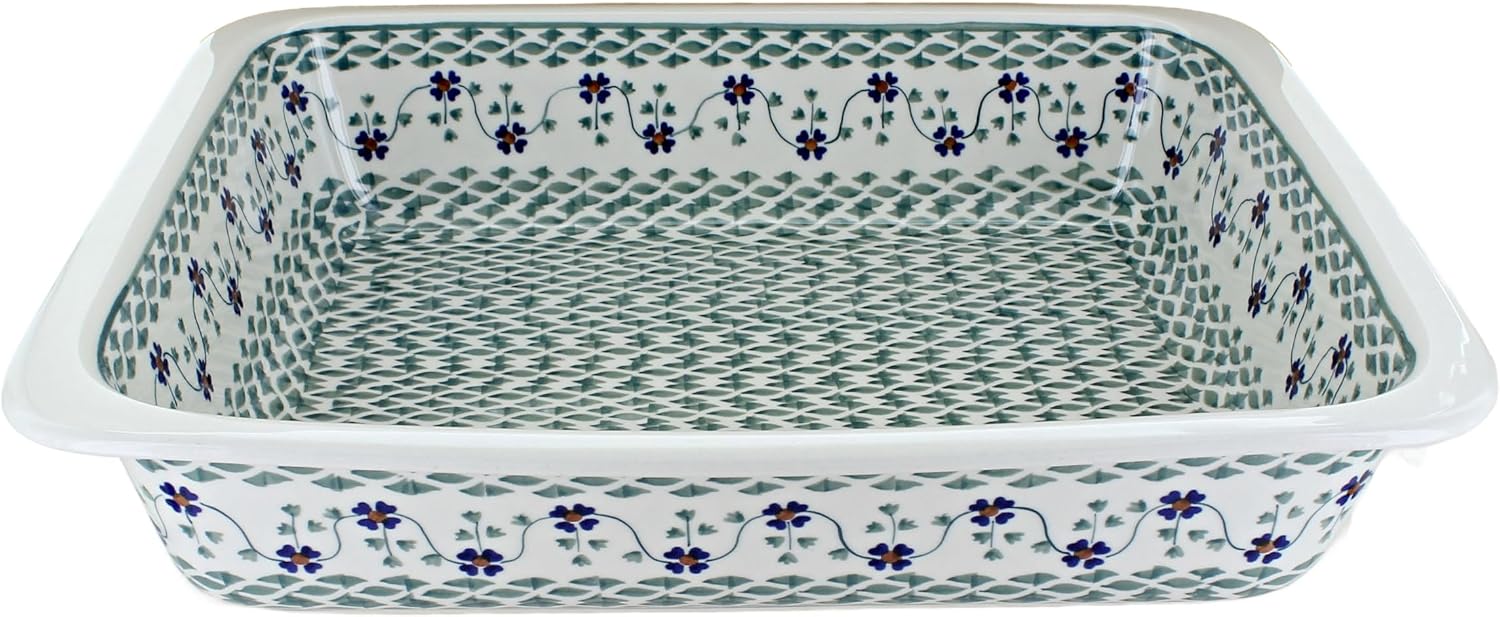 Blue Rose Polish Pottery - Green Sage Floral Large Rectangular Baker - 14' x 11.25' - Unique, Dishwasher Safe, & Durable Bakeware