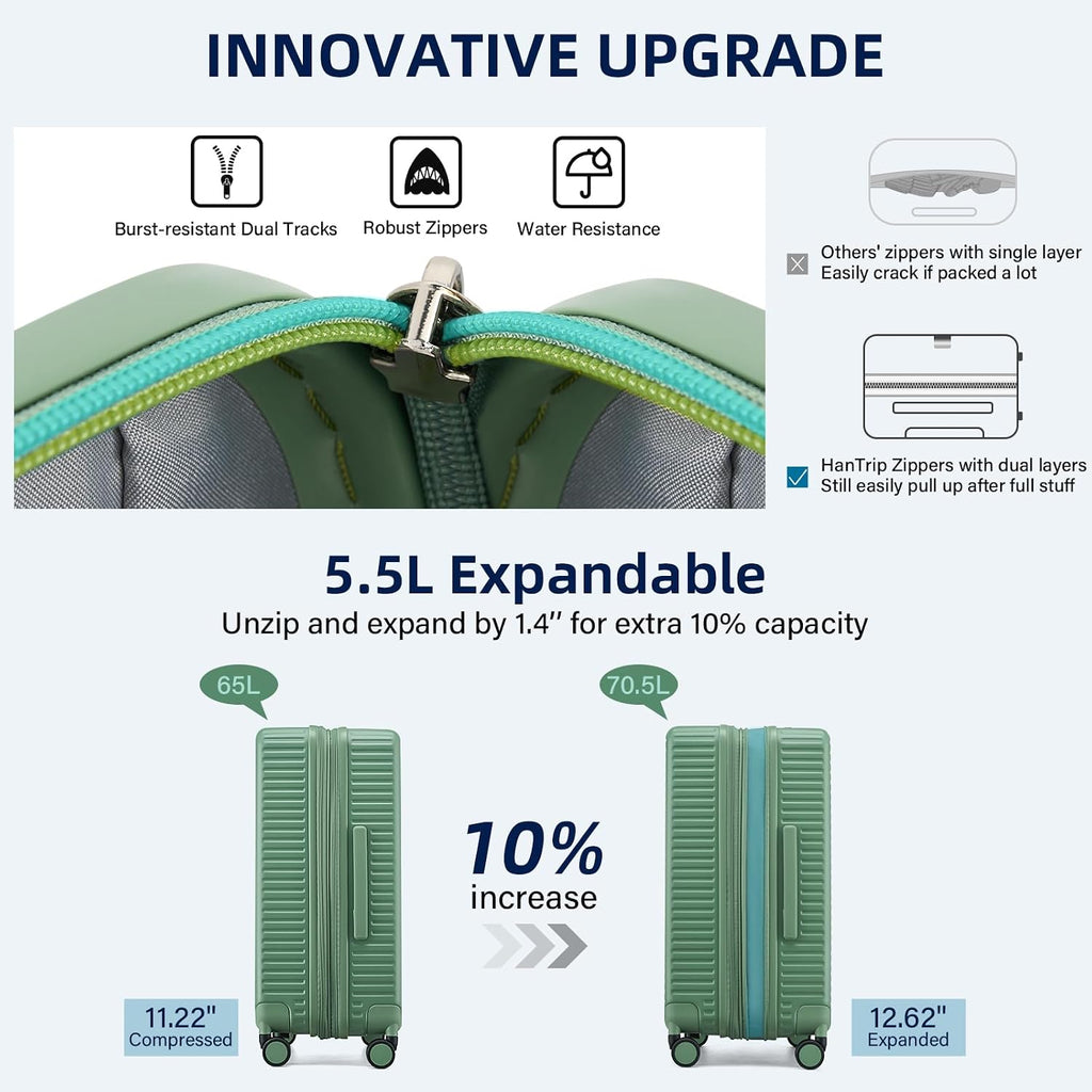 HanTrip Hard Shell Suitcases Travel Expandable Luggage, 24 Inch Check in Luggage with Spinner Wheels Cup Holder Charger Built in, Checked Medium Suitcase Lightweight Suitcases, Forest Green