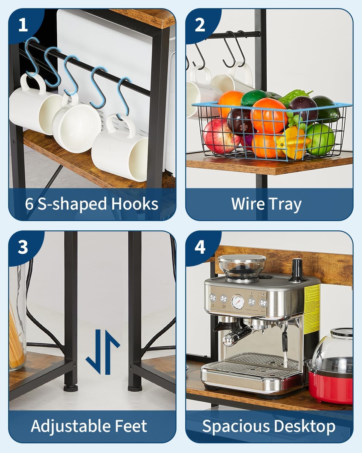 Takywep 67 Inch Bakers Rack for Kitchen, Industrial Microwave Oven Stand with Power Outlet & Storage Rack, 4 Tier Coffee Bar Table with 6 S Hooks, Large Storage Shelf Rack for Spices Pots Pans, Brown
