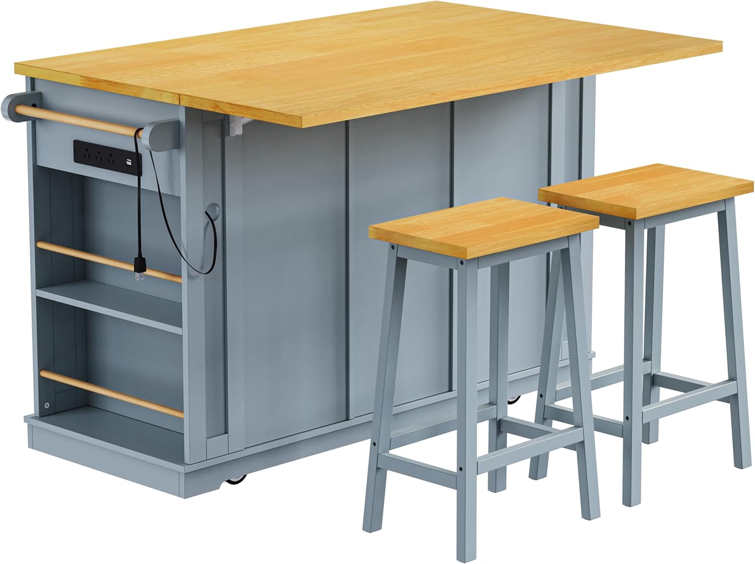 Classic Large Kitchen Island with 2 Bar Stools, Power Outlet,Door Internal Storage Rack, Kitchen Storage Cart on 5 Wheels with Drop Leaf, Used for Home, Dining Room (Grey-Blue/Large)