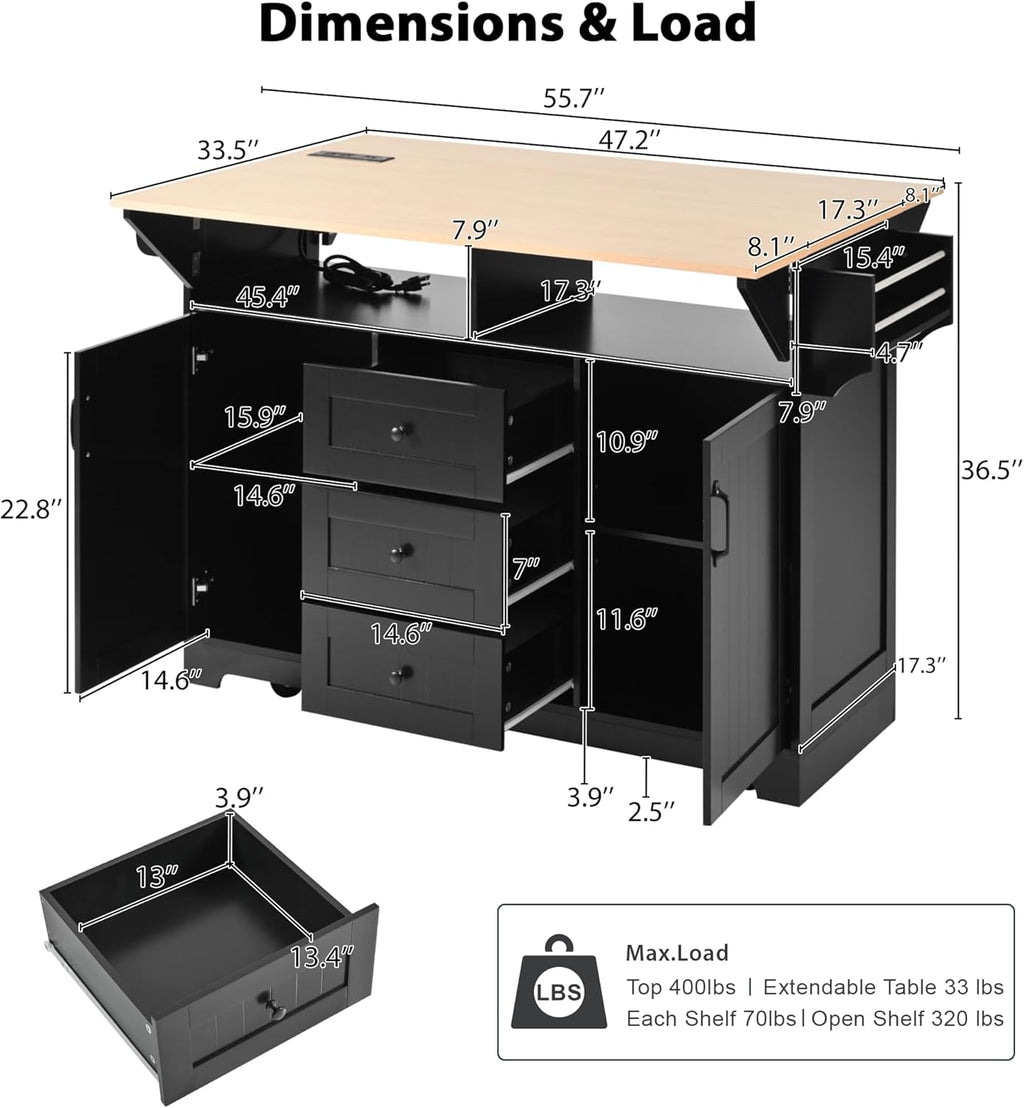 Kitchen Island with 2 Drop Leaf, Home Cart Island on Wheels Foldable Dining Table with Power Outlets,3 Drawers,Storage Cabinet, Tower Rack(Black)