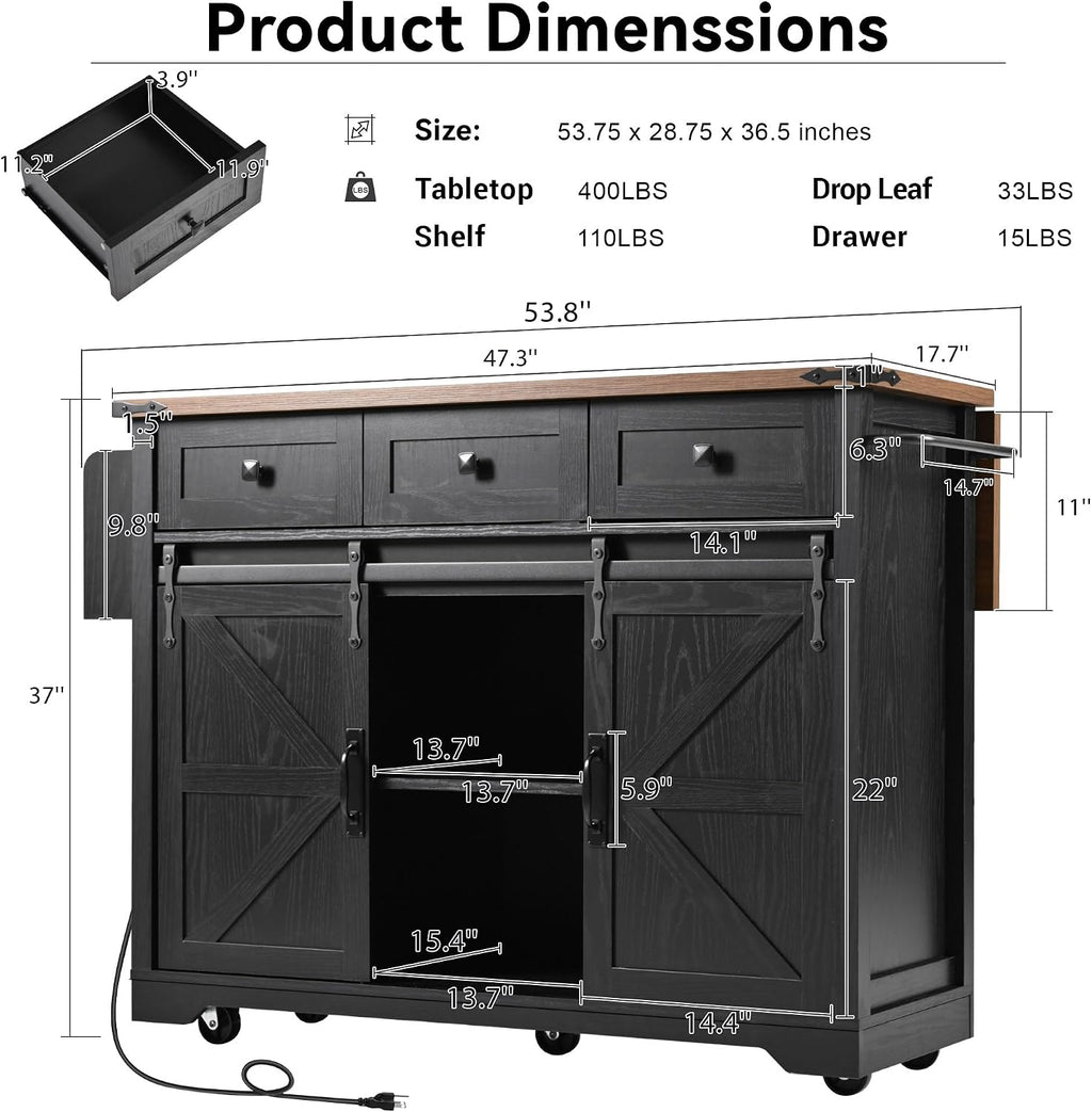 53.7' Farmhouse Rolling Kitchen Island Cart on Wheels with Power Outlet, Storage Island with Drop Leaf, Spice Rack, 2 Sliding Barn Door and Drawer for Dining Room Kitchens Living Room Black