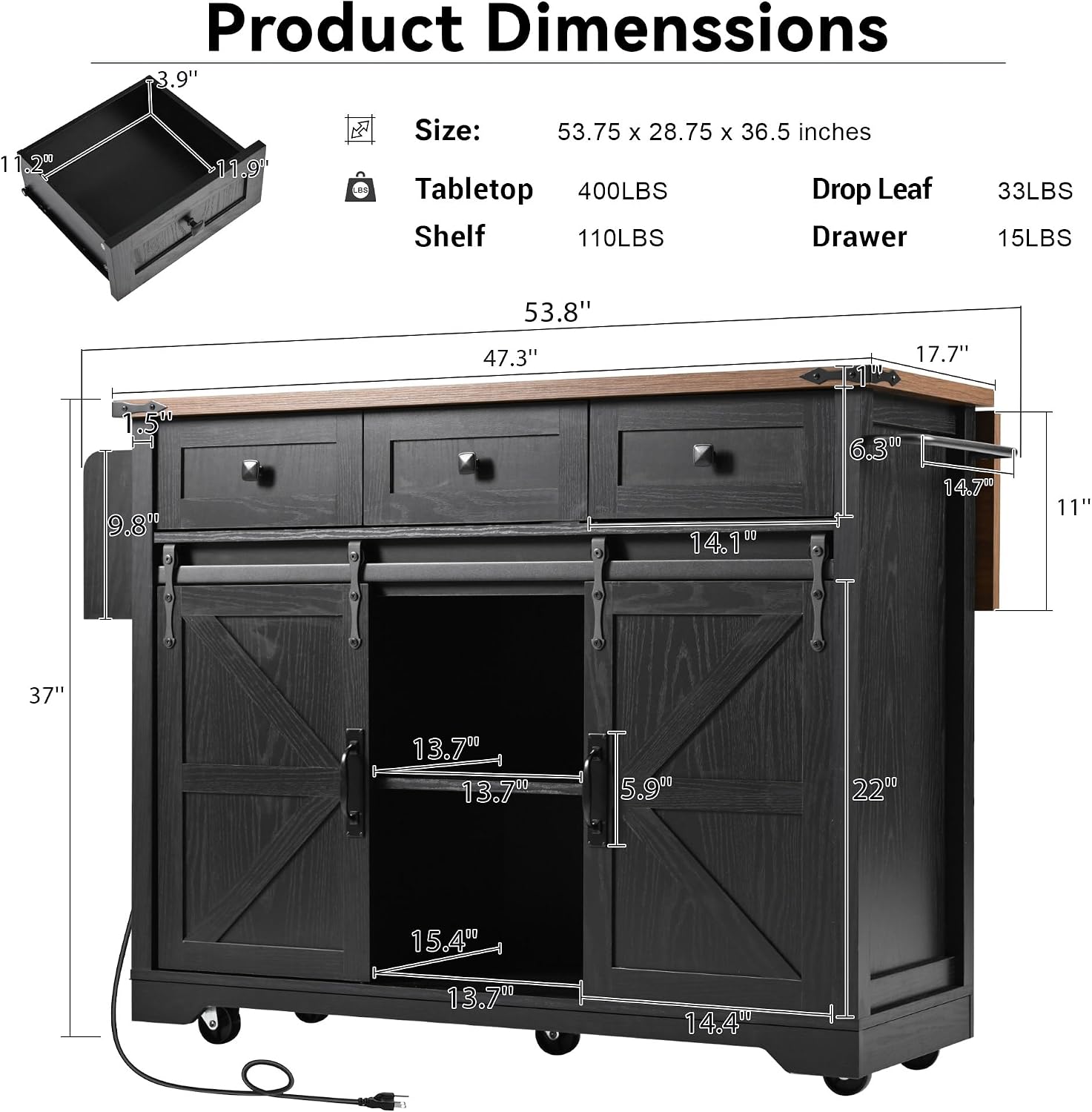 53.7' Farmhouse Rolling Kitchen Island Cart on Wheels with Power Outlet, Storage Island with Drop Leaf, Spice Rack, 2 Sliding Barn Door and Drawer for Dining Room Kitchens Living Room Black