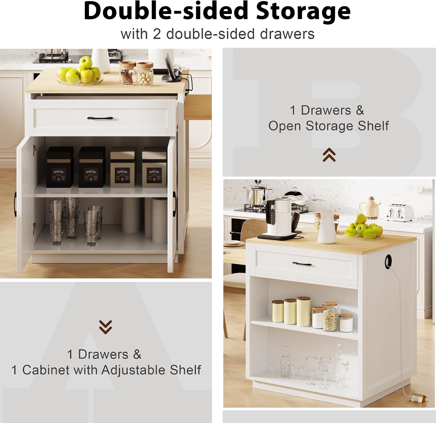 82.7 inches Kitchen Island with Extendable Table, Faux Mable Table with Double-Sized Storage, Power Outlet, 2 Drawers, 2 Side Open Shelves for Kitchen for 4-6 Person, Dining Room, White