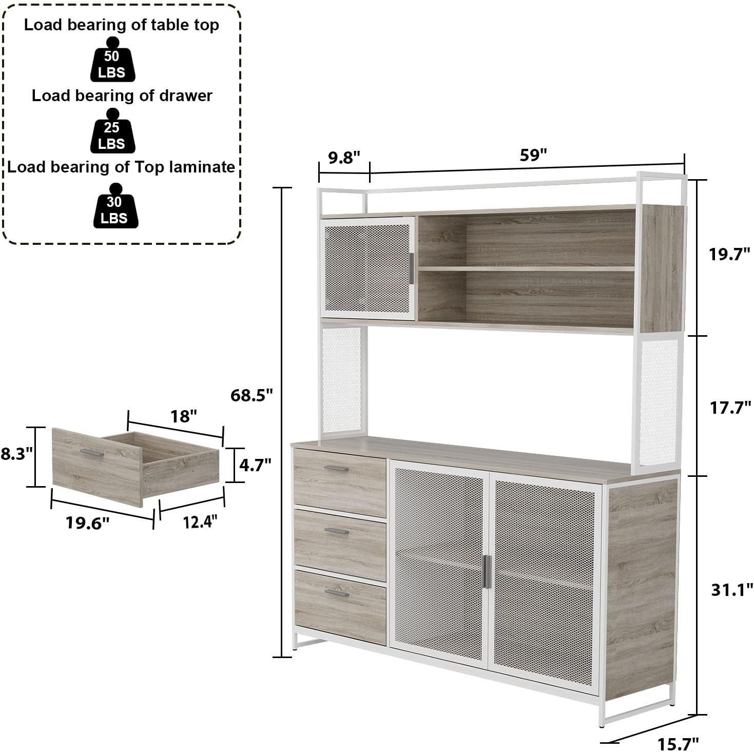 AGOTENI Large Kitchen Hutch Cabinet, Storage Cupboard Pantry with 3 Metal Doors, 3 Drawers & Microwave Shelf, for Kitchen Open Storage, Oak (59' W x 15.7' D x 68.5' H)