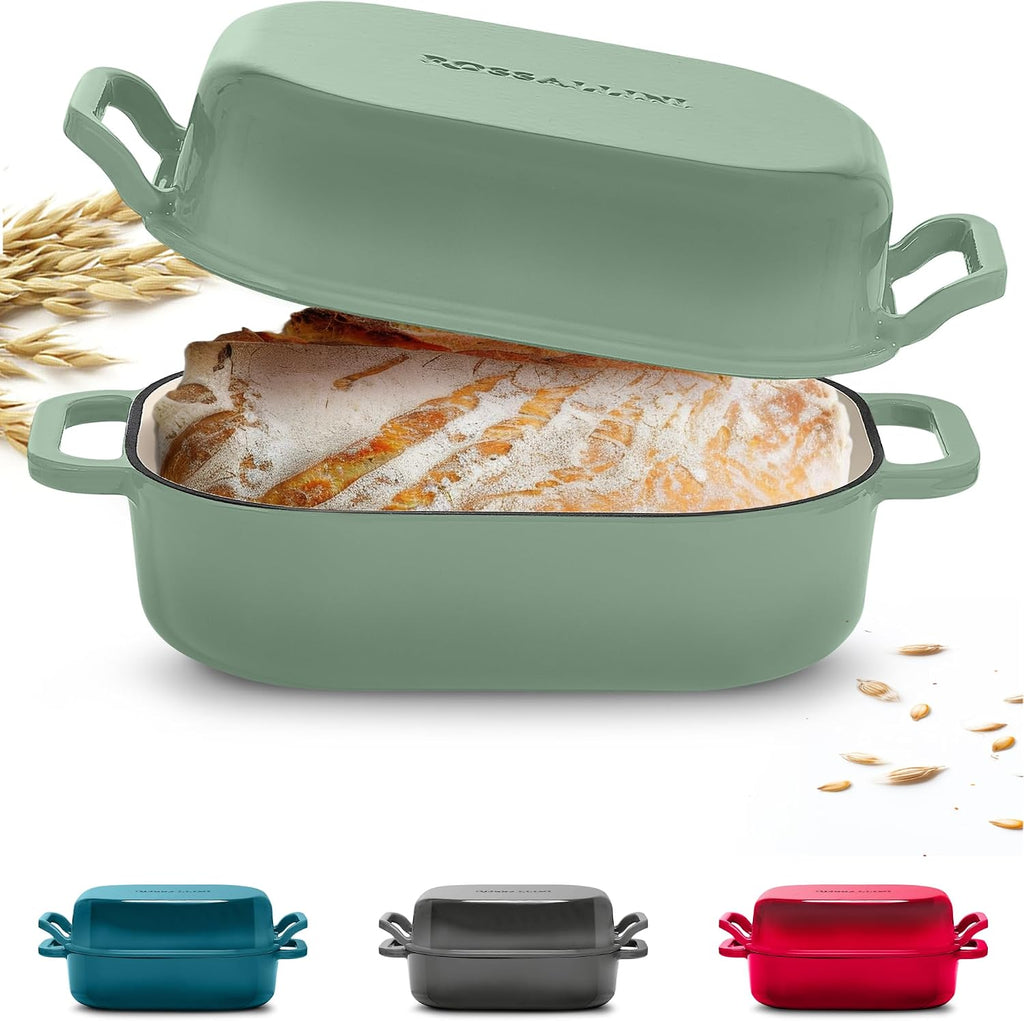 ROSSALLINI Signature Enameled Cast Iron Sourdough Bread Oven | Non-Stick with Tight Fitting Lid for Perfect Baking and Bread Making | 6QT Rectangle Oven With Lid [Sage Green]
