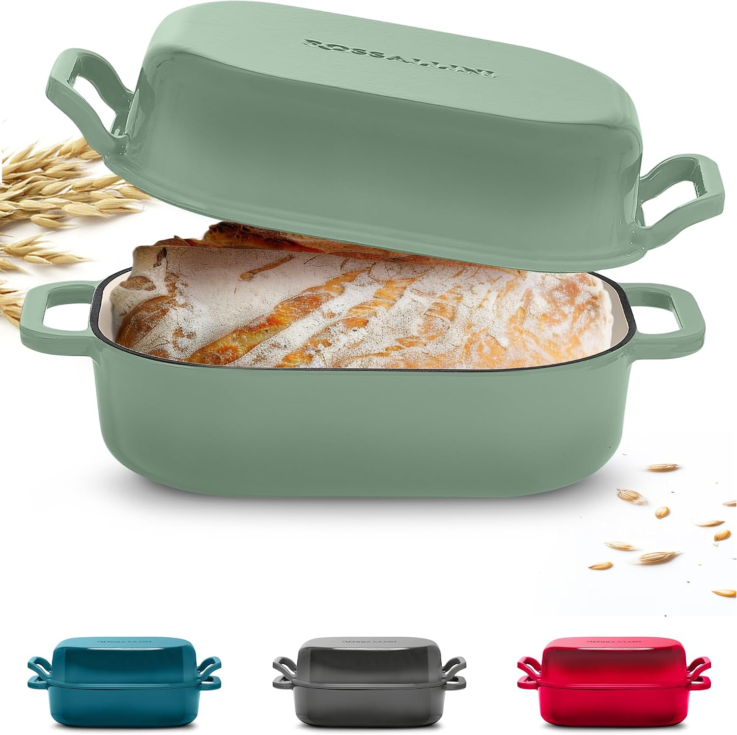 ROSSALLINI Signature Enameled Cast Iron Sourdough Bread Oven | Non-Stick with Tight Fitting Lid for Perfect Baking and Bread Making | 6QT Rectangle Oven With Lid [Sage Green]