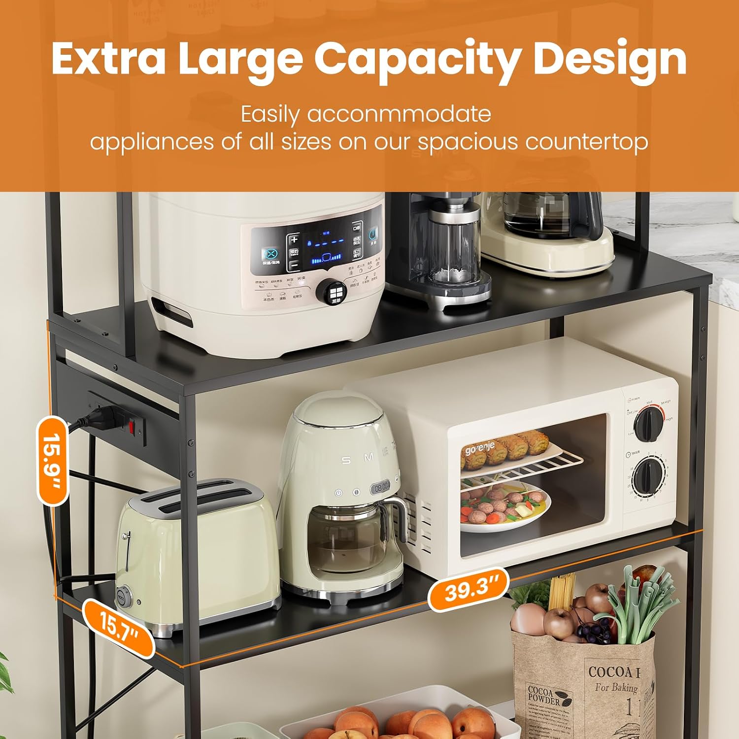 Large 5 Tier Bakers Rack with Electrical Outlets, 39 Inch Microwave Stand Coffee Bar, Kitchen Storage Shelf for Home, Counter Space Organizer