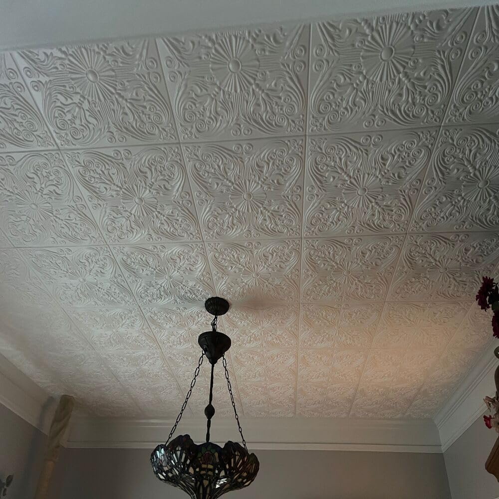 À LA MAISON CEILINGS R139 Spanish Silver Foam Glue-Up Ceiling Tile (128 Sq. Ft./Case), Pack of 48, Ultra Pure White - Satin (Behr)