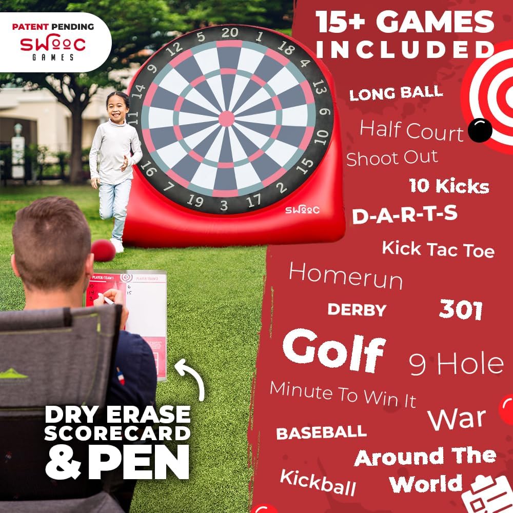 Swooc Games - Premium Inflatable Giant Kick Darts (15+ Ways to Play) - Jumbo Soccer Dartboard with Air Pump - Big Carnival Games - Giant Outdoor Games - Oversized Dart Board Yard & Lawn Game