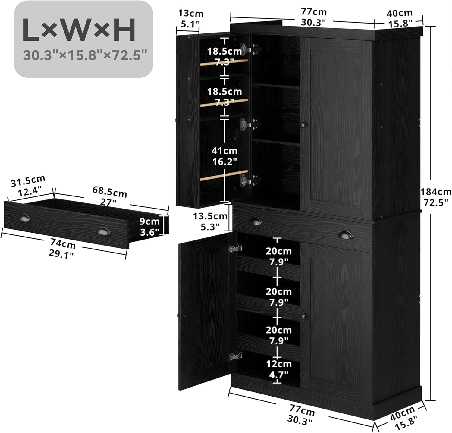 IRONCK Kitchen Pantry Cabinet 72' Height, Freestanding Cupboard with Drawer, Sliding Storage Rack, and 6 Hanging Shelves for Dining Room, Laundry, Living Room, Black